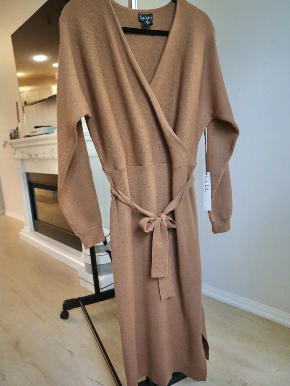 Nicole Miller Camel Knit Belted Midi Dress